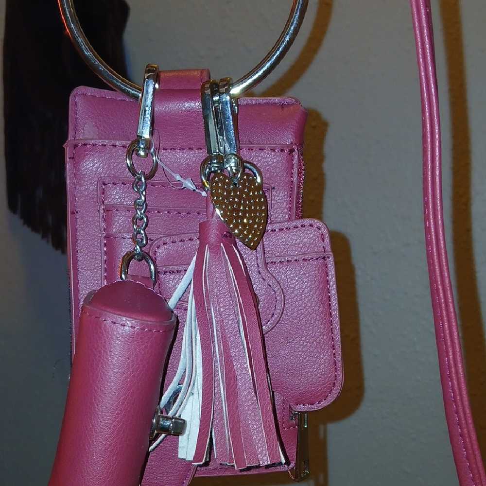 Pink Leather Womans  Keychain/wristlet/crossbody with Tassel/lipstick Case, And